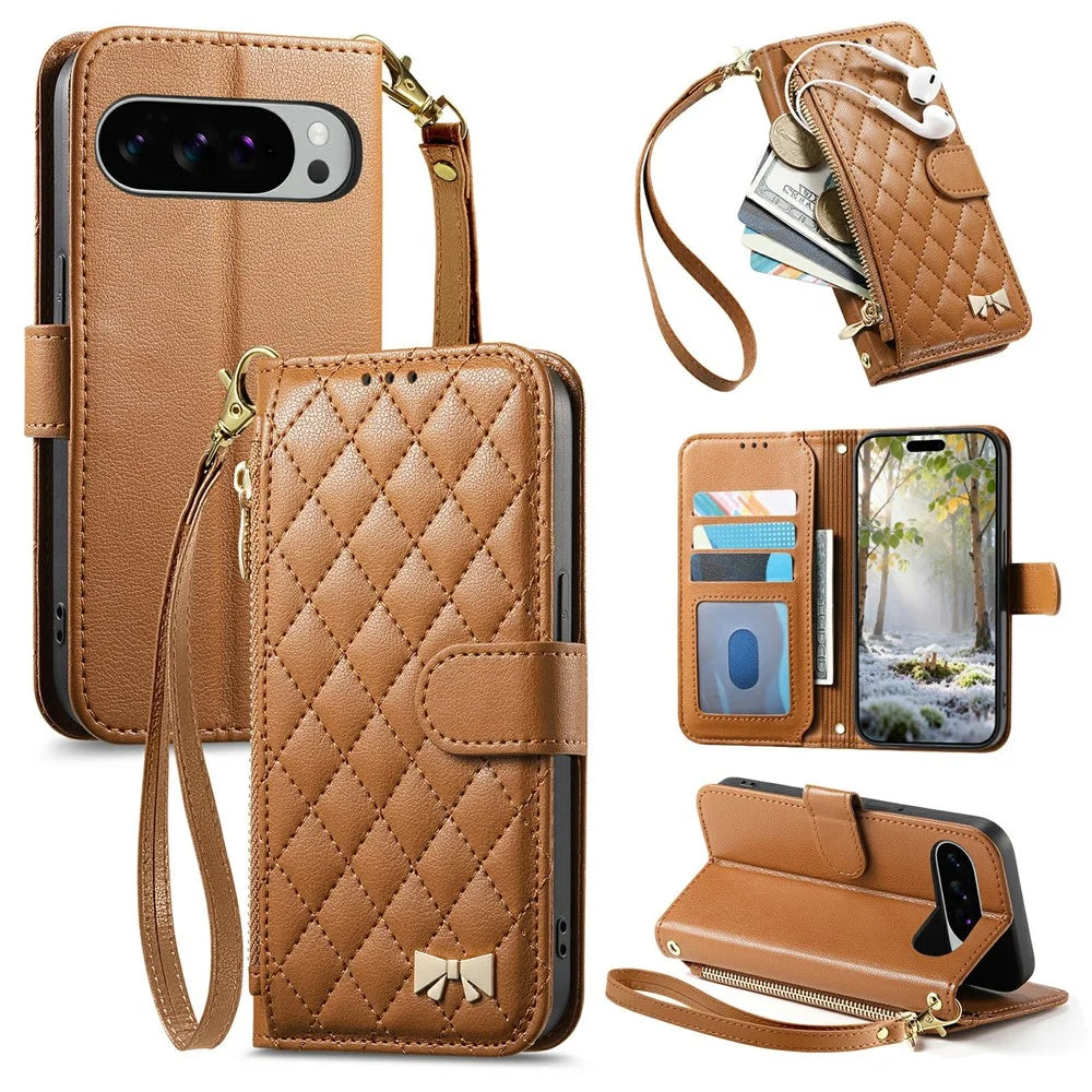 Stand Case For Google Pixel 10 Pro  /  10 Imprint TPU PU Leather Zipper Pocket Wallet Phone Cover with Strap - Brown - 1