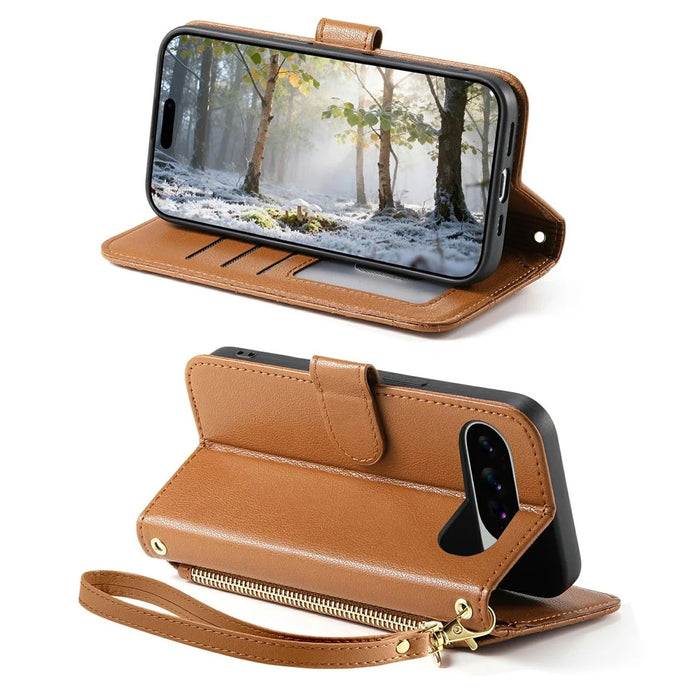 Stand Case For Google Pixel 10 Pro  /  10 Imprint TPU PU Leather Zipper Pocket Wallet Phone Cover with Strap - Brown - 3