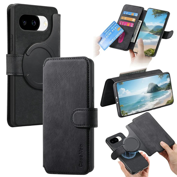 CASENEO MW-03 for Google Pixel 10a Magnetic Case Detachable Leather Phone Wallet Cover - Black - 1
