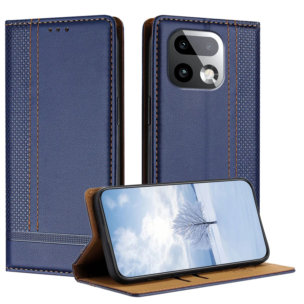 For Realme 16 Pro+ 5G Case L-Shaped Grid Pattern Leather Stand Phone Cover with Card Slots - Blue - 1