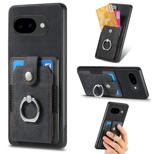 For Google Pixel 10a Case Kickstand Leather + TPU Non-Slip Protective Cover with Card Slots - Black - 1