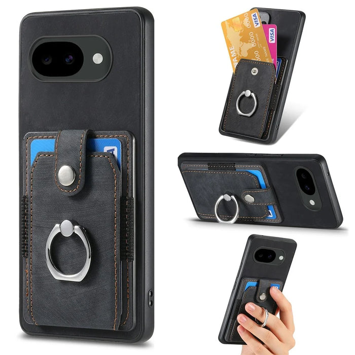 For Google Pixel 10a Case Kickstand Leather + TPU Non-Slip Protective Cover with Card Slots - Black - 1