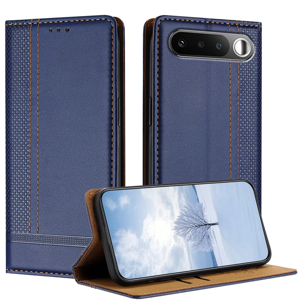 For Realme 16 5G Case L-Shaped Grid Pattern Leather Stand Phone Cover with Card Slots - Blue - 1