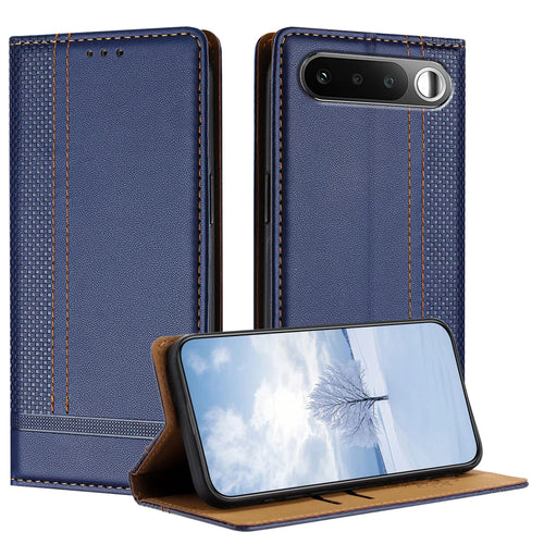 For Realme 16 5G Case L-Shaped Grid Pattern Leather Stand Phone Cover with Card Slots - Blue - 1