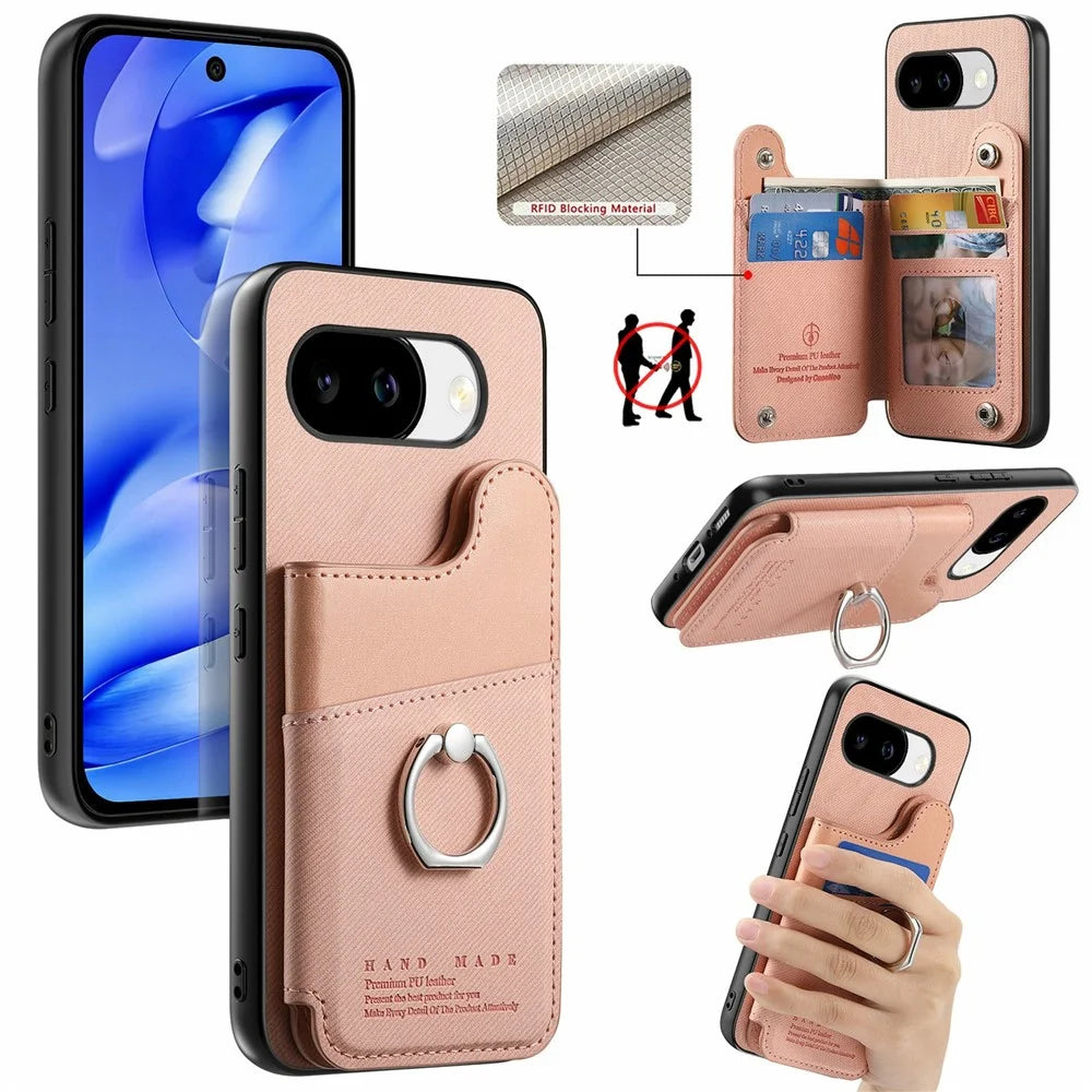 For Google Pixel 10a Case with Card Holder Kickstand Leather + TPU + PC Phone Cover - Pink - 1