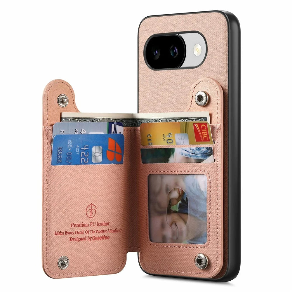 For Google Pixel 10a Case with Card Holder Kickstand Leather + TPU + PC Phone Cover - Pink - 3