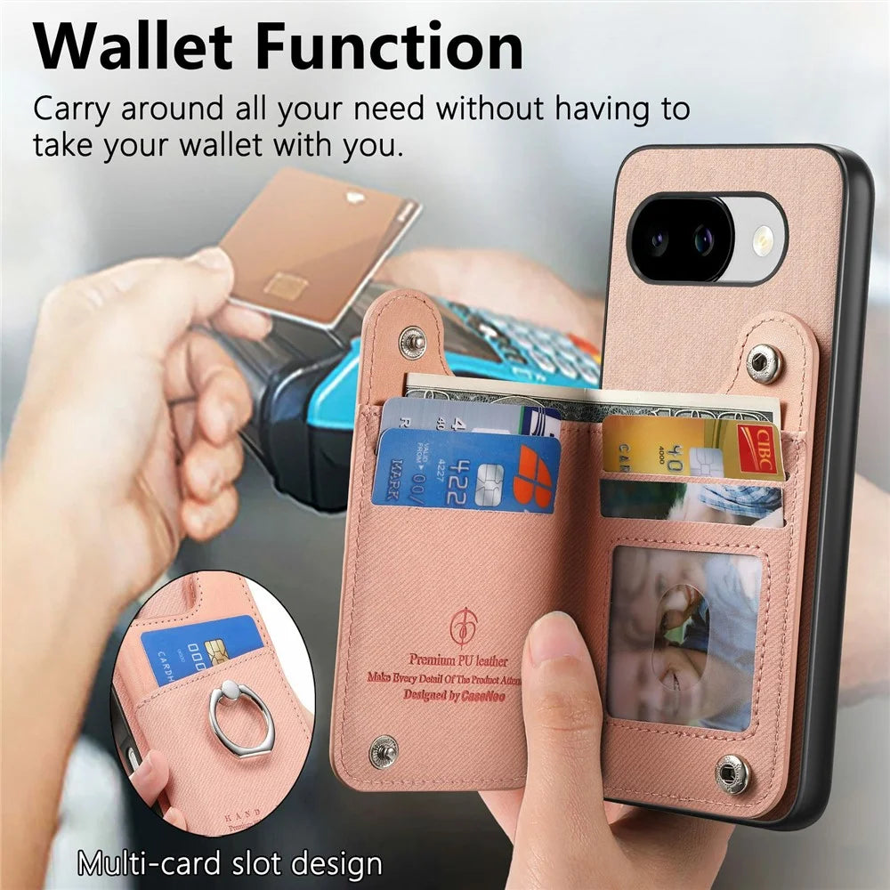 For Google Pixel 10a Case with Card Holder Kickstand Leather + TPU + PC Phone Cover - Pink - 6