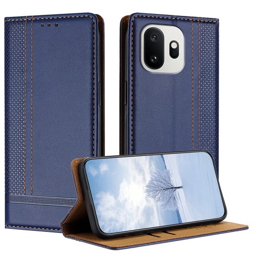 For OnePlus 15T 5G Case L-Shaped Grid Pattern Leather Stand Phone Cover with Card Slots - Blue - 1