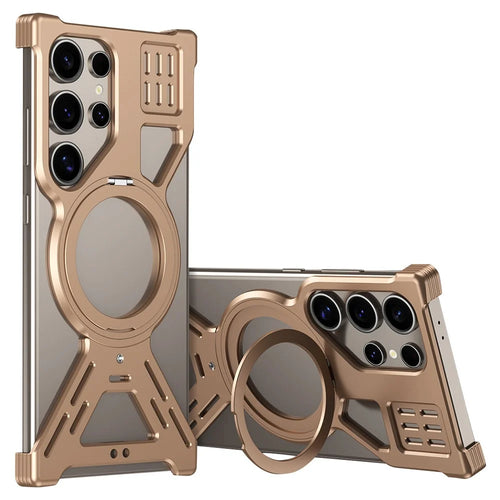For Samsung Galaxy S26 Ultra Magnetic Bumper Case Rotating Kickstand Metal Phone Cover - Desert Gold - 1