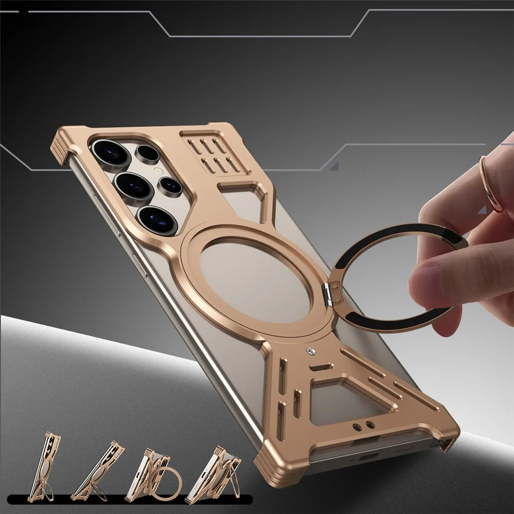 For Samsung Galaxy S26 Ultra Magnetic Bumper Case Rotating Kickstand Metal Phone Cover - Desert Gold - 5
