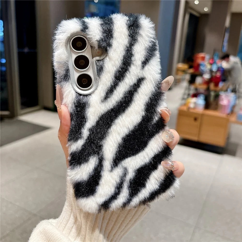 For Samsung Galaxy S26 Case Zebra Pattern Soft Plush Fluffy TPU Phone Cover - White - 1