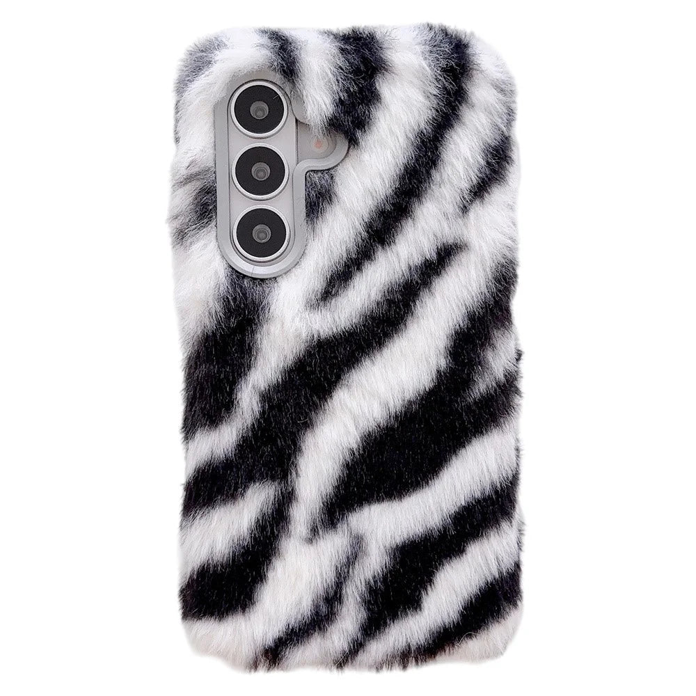 For Samsung Galaxy A37 5G Case Zebra Pattern Soft Plush Fluffy TPU Phone Cover - White - 2
