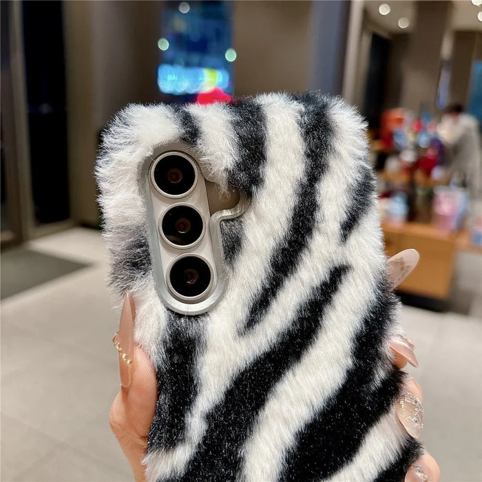 For Samsung Galaxy A57 5G Case Zebra Pattern Soft Plush Fluffy TPU Phone Cover - White - 4