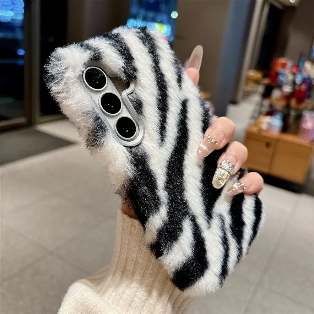 For Samsung Galaxy S26+ Case Zebra Pattern Soft Plush Fluffy TPU Phone Cover - White - 3