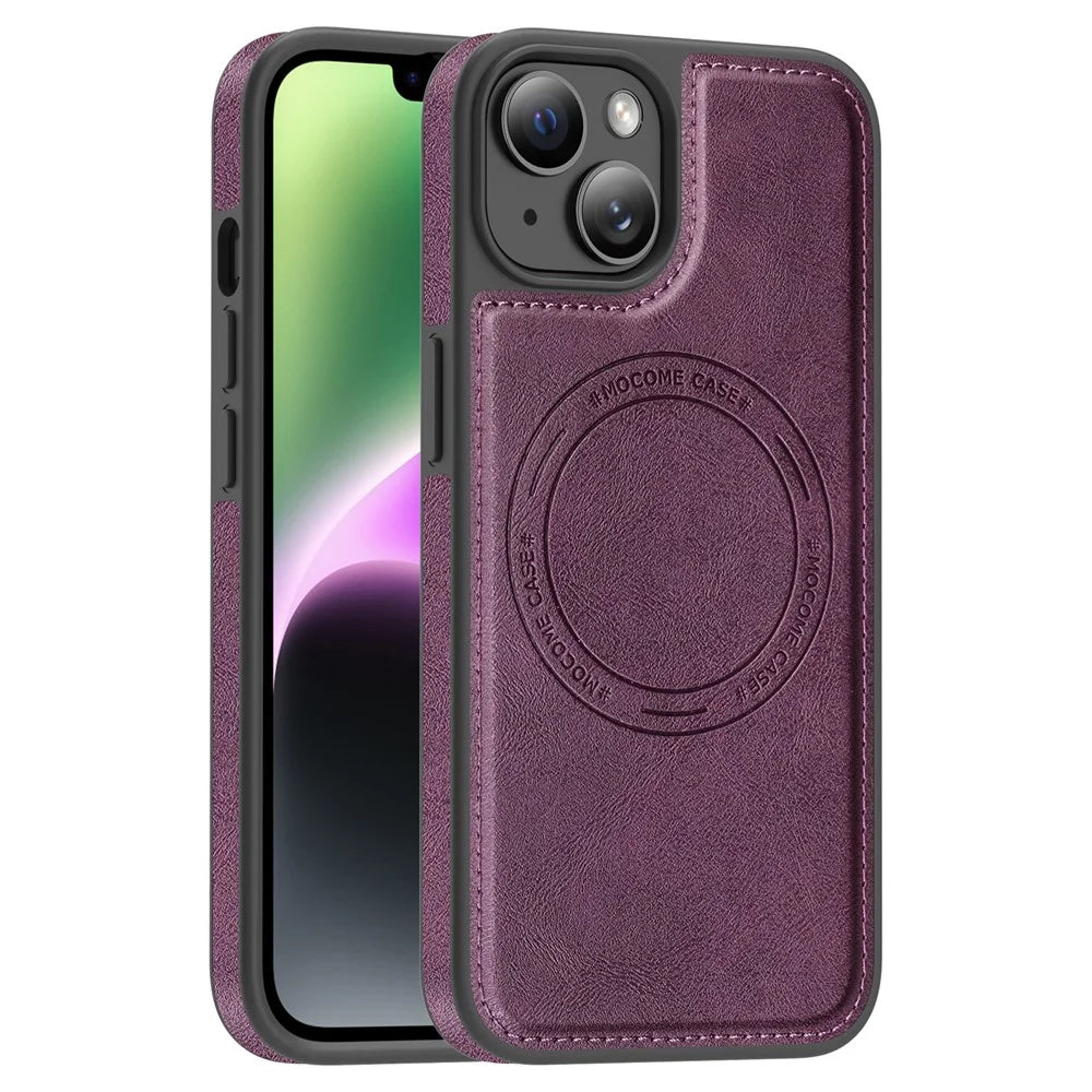 For iPhone 13  /  14 Case Compatible with MagSafe Leather Back Phone Cover - Dark Purple - 1