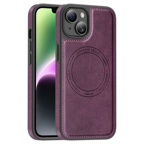 For iPhone 13  /  14 Case Compatible with MagSafe Leather Back Phone Cover - Dark Purple - 1