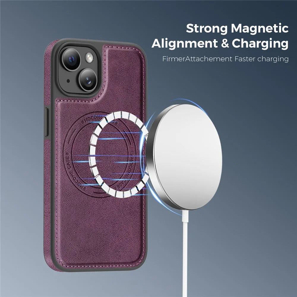 For iPhone 13  /  14 Case Compatible with MagSafe Leather Back Phone Cover - Dark Purple - 3