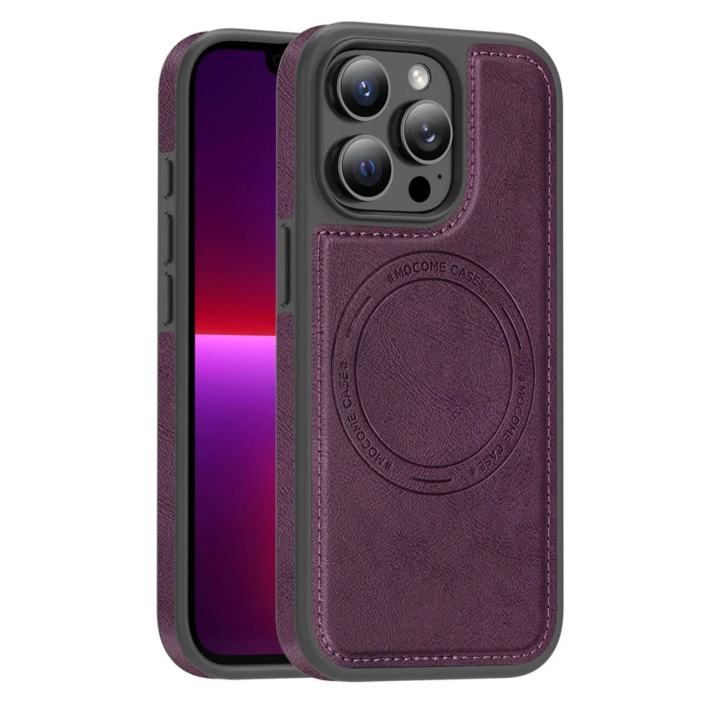 For iPhone 13 Pro Case Compatible with MagSafe Leather Back Phone Cover - Dark Purple - 1