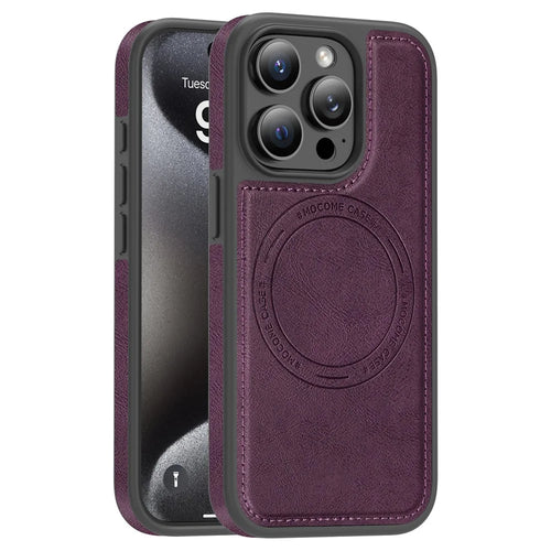 For iPhone 15 Pro Case Compatible with MagSafe Leather Back Phone Cover - Dark Purple - 1