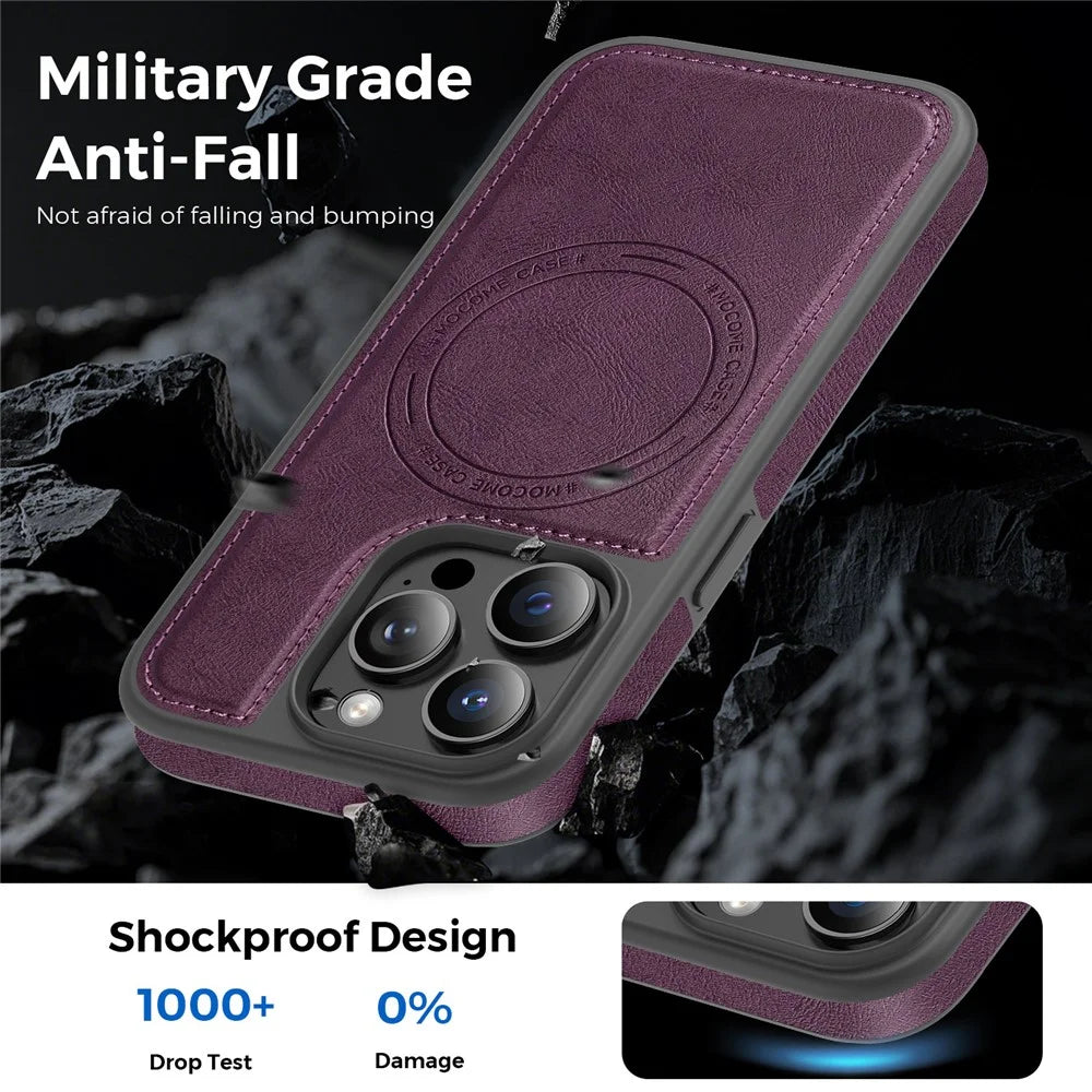 For iPhone 15 Pro Case Compatible with MagSafe Leather Back Phone Cover - Dark Purple - 4