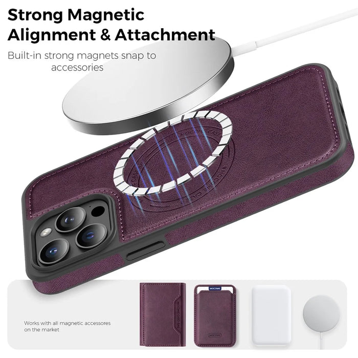 For iPhone 15 Pro Max Case Compatible with MagSafe Leather Back Phone Cover - Dark Purple - 5