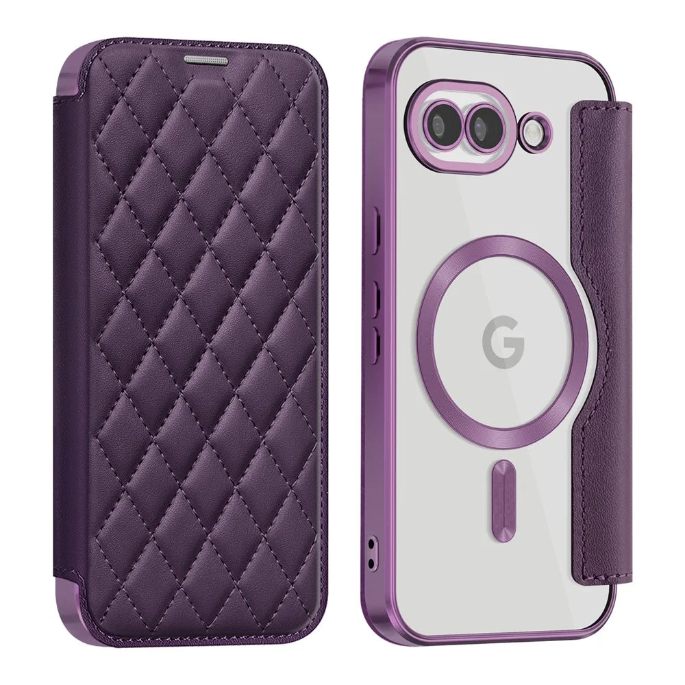 For Google Pixel 10a Magnetic Case RFID Blocking Card Holder Rhombus PU Leather Phone Cover with Lens Film - Dark Purple - 1