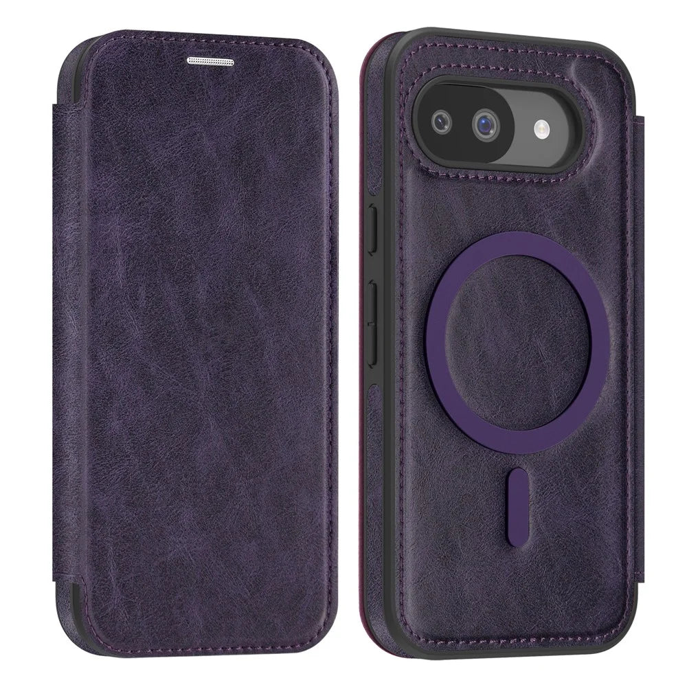 For Google Pixel 10a Magnetic Case RFID Blocking Card Holder Leather Phone Cover - Dark Purple - 1