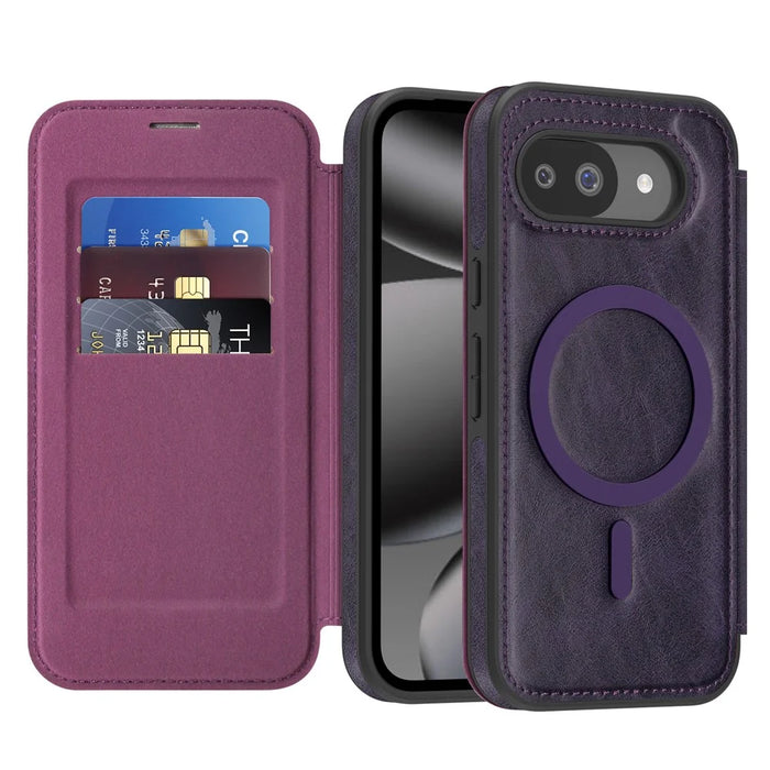 For Google Pixel 10a Magnetic Case RFID Blocking Card Holder Leather Phone Cover - Dark Purple - 2