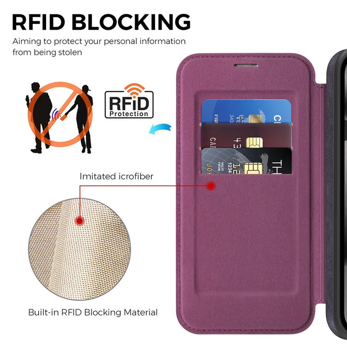 For Google Pixel 10a Magnetic Case RFID Blocking Card Holder Leather Phone Cover - Dark Purple - 4
