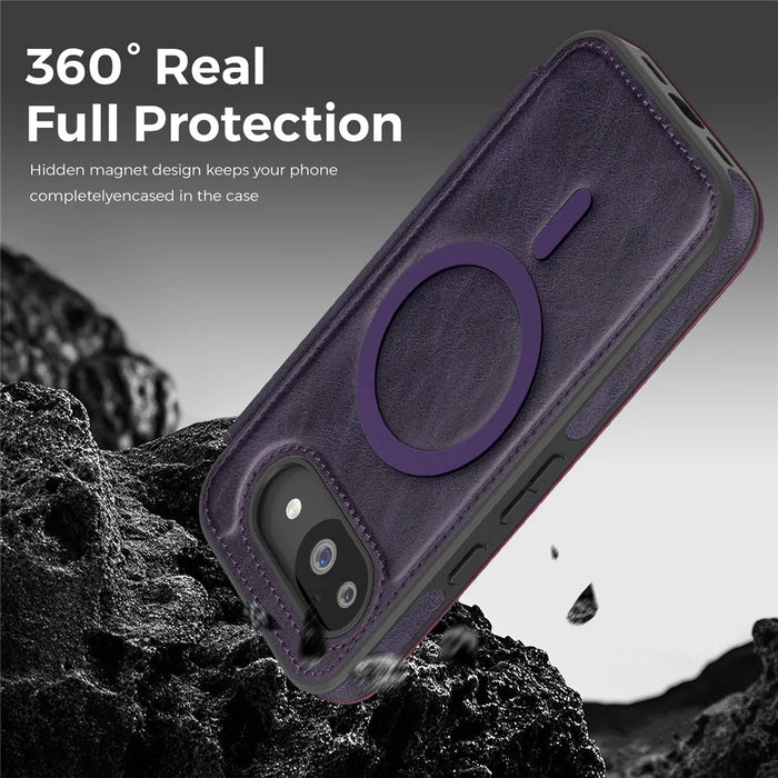 For Google Pixel 10a Magnetic Case RFID Blocking Card Holder Leather Phone Cover - Dark Purple - 5