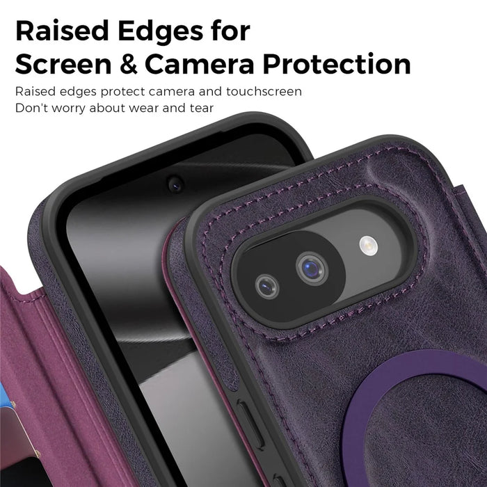 For Google Pixel 10a Magnetic Case RFID Blocking Card Holder Leather Phone Cover - Dark Purple - 6