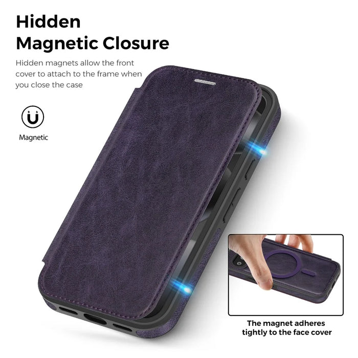 For Google Pixel 10a Magnetic Case RFID Blocking Card Holder Leather Phone Cover - Dark Purple - 7