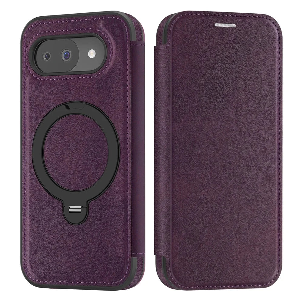 For Google Pixel 10a Magnetic Phone Case RFID Blocking Leather Wallet Cover with Rotating Ring Kickstand - Dark Purple - 1
