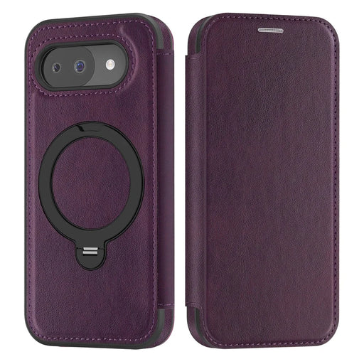 For Google Pixel 10a Magnetic Phone Case RFID Blocking Leather Wallet Cover with Rotating Ring Kickstand - Dark Purple - 1