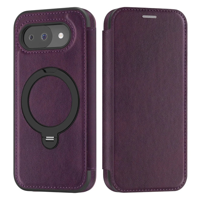 For Google Pixel 10a Magnetic Phone Case RFID Blocking Leather Wallet Cover with Rotating Ring Kickstand - Dark Purple - 1
