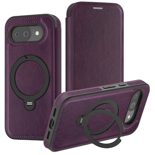 For Google Pixel 10a Magnetic Phone Case RFID Blocking Leather Wallet Cover with Rotating Ring Kickstand - Dark Purple - 2
