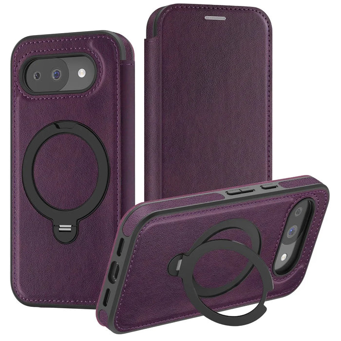 For Google Pixel 10a Magnetic Phone Case RFID Blocking Leather Wallet Cover with Rotating Ring Kickstand - Dark Purple - 2