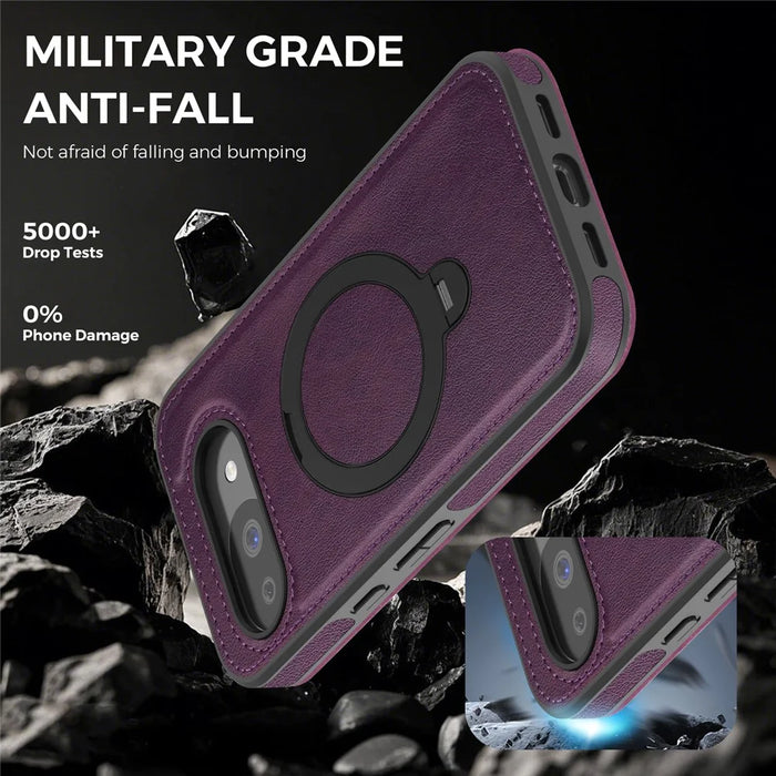 For Google Pixel 10a Magnetic Phone Case RFID Blocking Leather Wallet Cover with Rotating Ring Kickstand - Dark Purple - 3