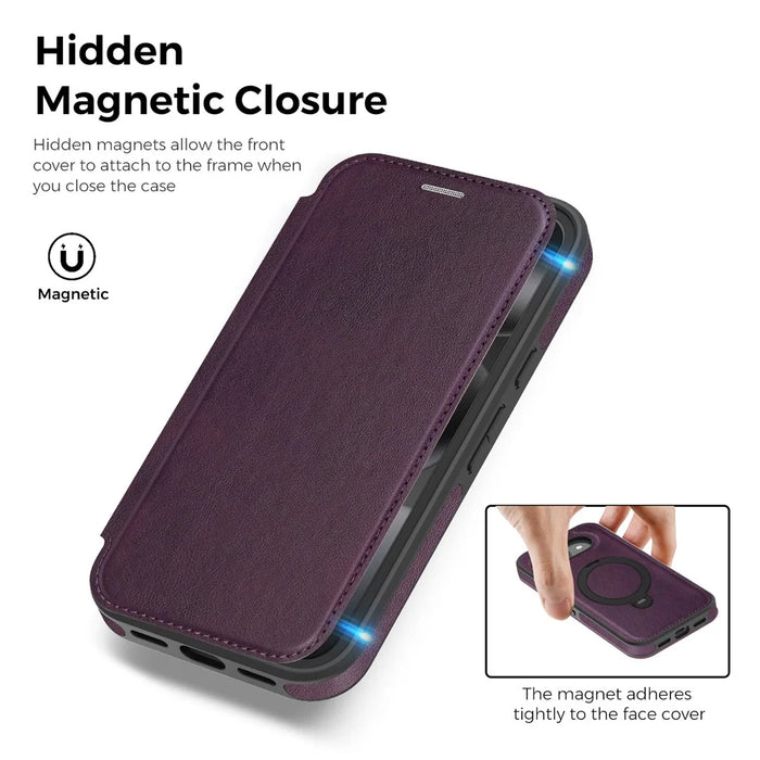 For Google Pixel 10a Magnetic Phone Case RFID Blocking Leather Wallet Cover with Rotating Ring Kickstand - Dark Purple - 5