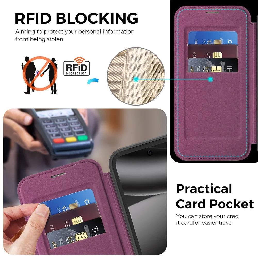 For Google Pixel 10a Magnetic Phone Case RFID Blocking Leather Wallet Cover with Rotating Ring Kickstand - Dark Purple - 6