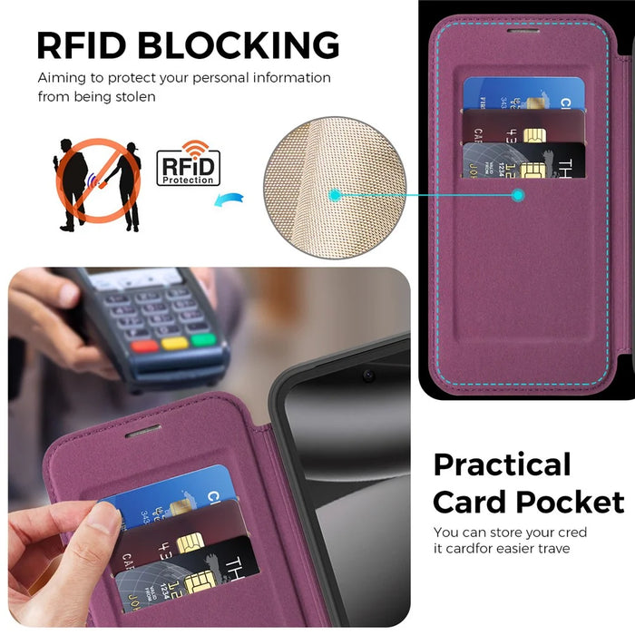 For Google Pixel 10a Magnetic Phone Case RFID Blocking Leather Wallet Cover with Rotating Ring Kickstand - Dark Purple - 6