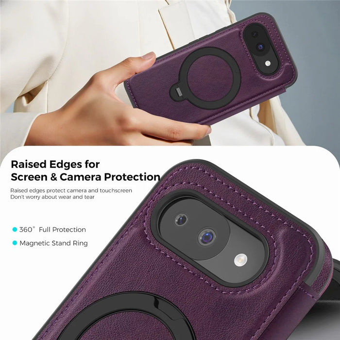 For Google Pixel 10a Magnetic Phone Case RFID Blocking Leather Wallet Cover with Rotating Ring Kickstand - Dark Purple - 7