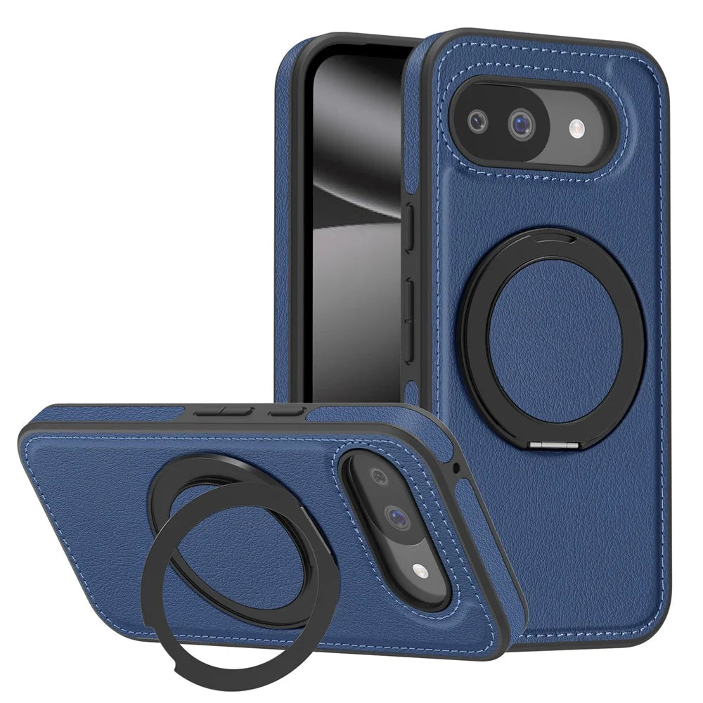 For Google Pixel 10a Magnetic Case with Ring Kickstand PU Leather Back Cover - Sapphire - 1