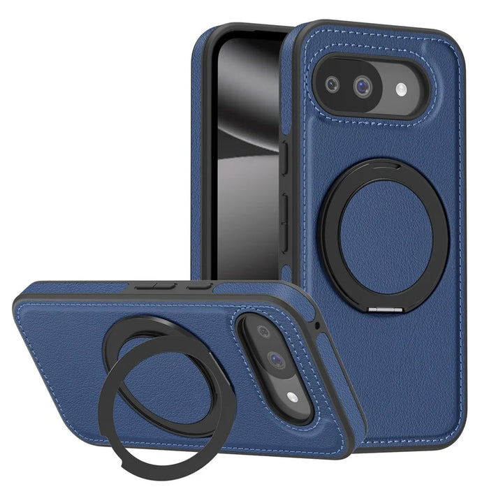 For Google Pixel 10a Magnetic Case with Ring Kickstand PU Leather Back Cover - Sapphire - 1