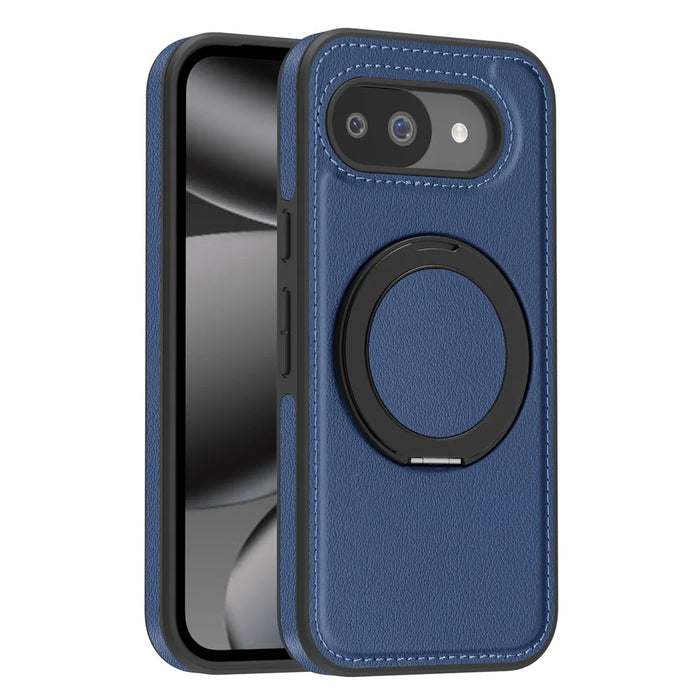 For Google Pixel 10a Magnetic Case with Ring Kickstand PU Leather Back Cover - Sapphire - 2