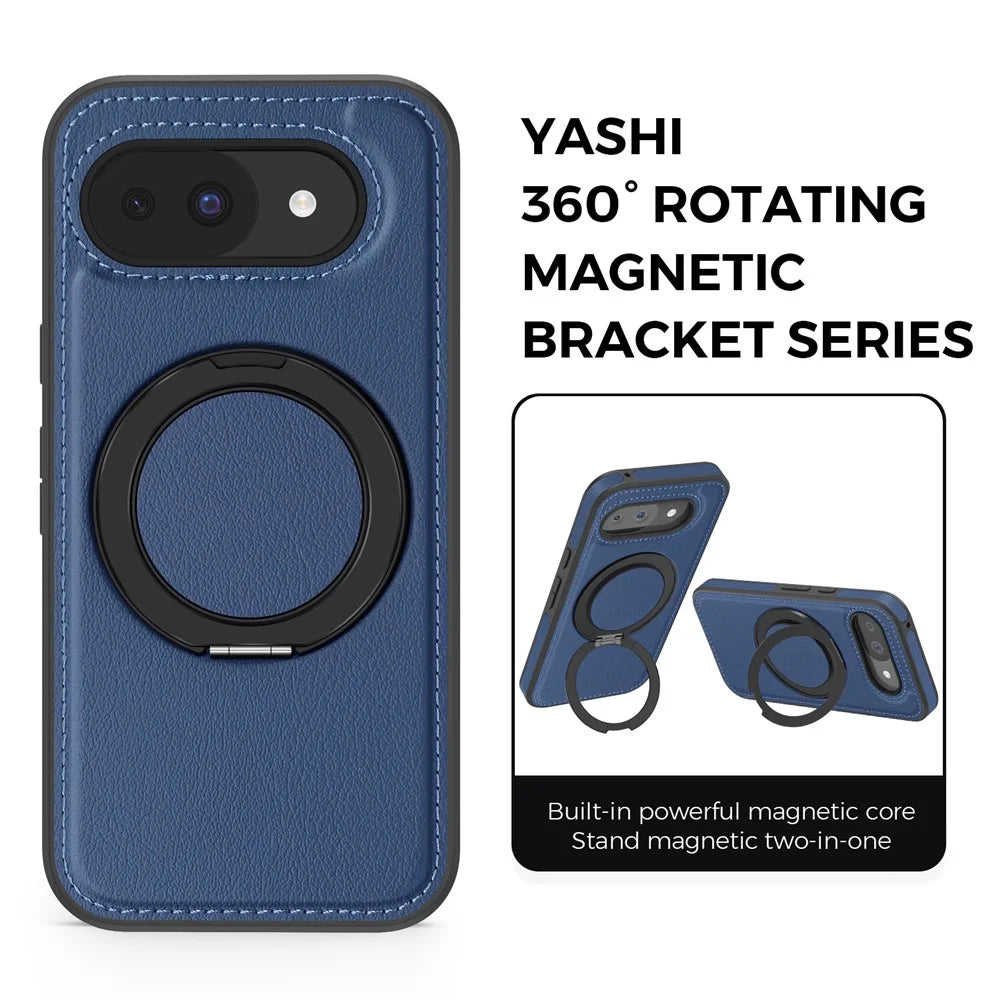 For Google Pixel 10a Magnetic Case with Ring Kickstand PU Leather Back Cover - Sapphire - 3