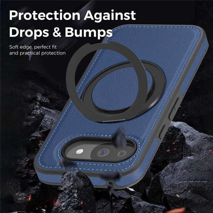 For Google Pixel 10a Magnetic Case with Ring Kickstand PU Leather Back Cover - Sapphire - 4