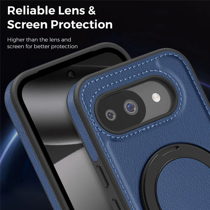 For Google Pixel 10a Magnetic Case with Ring Kickstand PU Leather Back Cover - Sapphire - 5