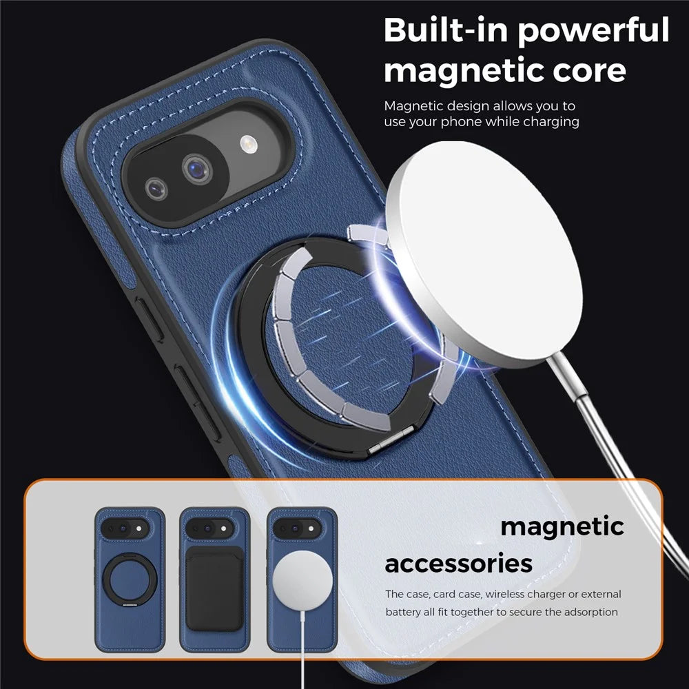 For Google Pixel 10a Magnetic Case with Ring Kickstand PU Leather Back Cover - Sapphire - 6