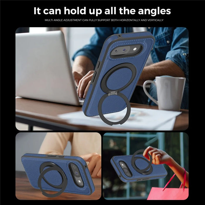 For Google Pixel 10a Magnetic Case with Ring Kickstand PU Leather Back Cover - Sapphire - 7
